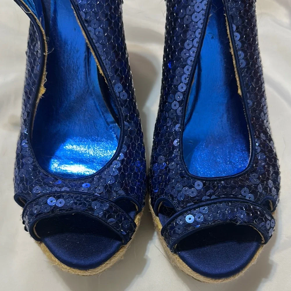 Blue Sequin Wedge Sandals Size‎ 9.5 Showoff Show Off